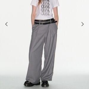 Crank Seoul Wide Leg Double Buckle Grey Pants